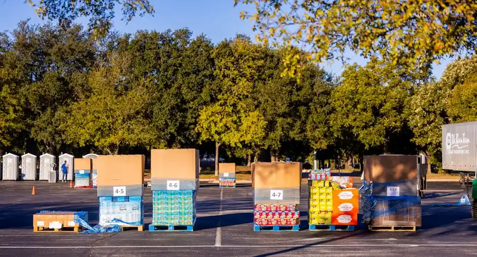 Pallets in a parking lot surrounded by trees. Ideal for logistics and supply chain concepts.