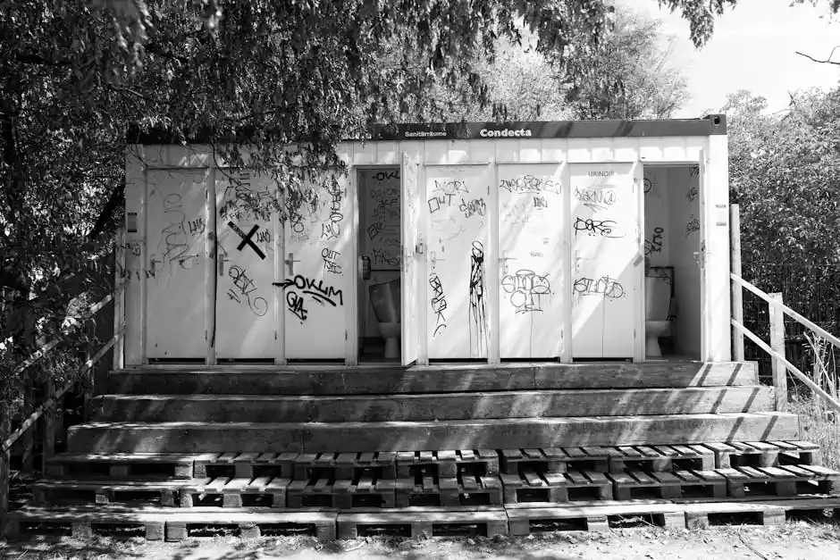 Black and white photo of graffiti-covered public toilets in a park in Lausanne, Switzerland.